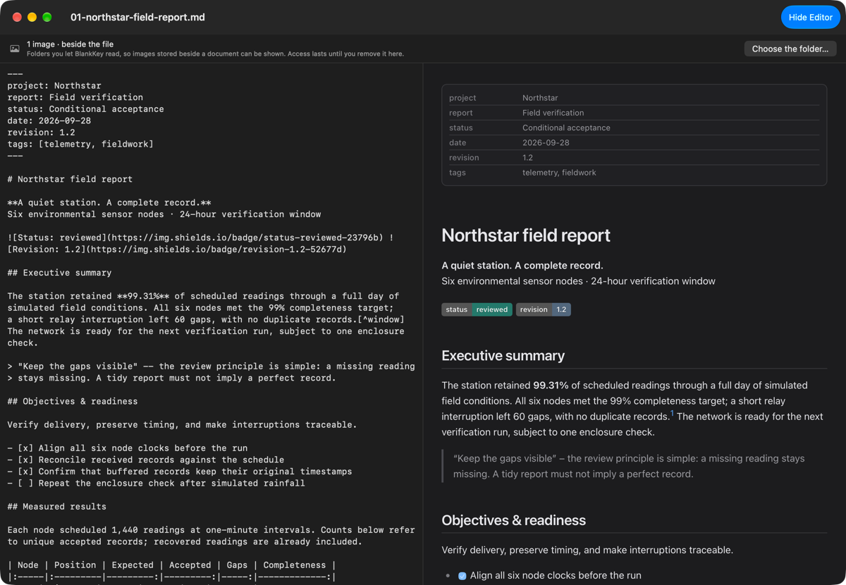The BlankKey window in dark appearance: Markdown source on the left, the rendered document on the right.