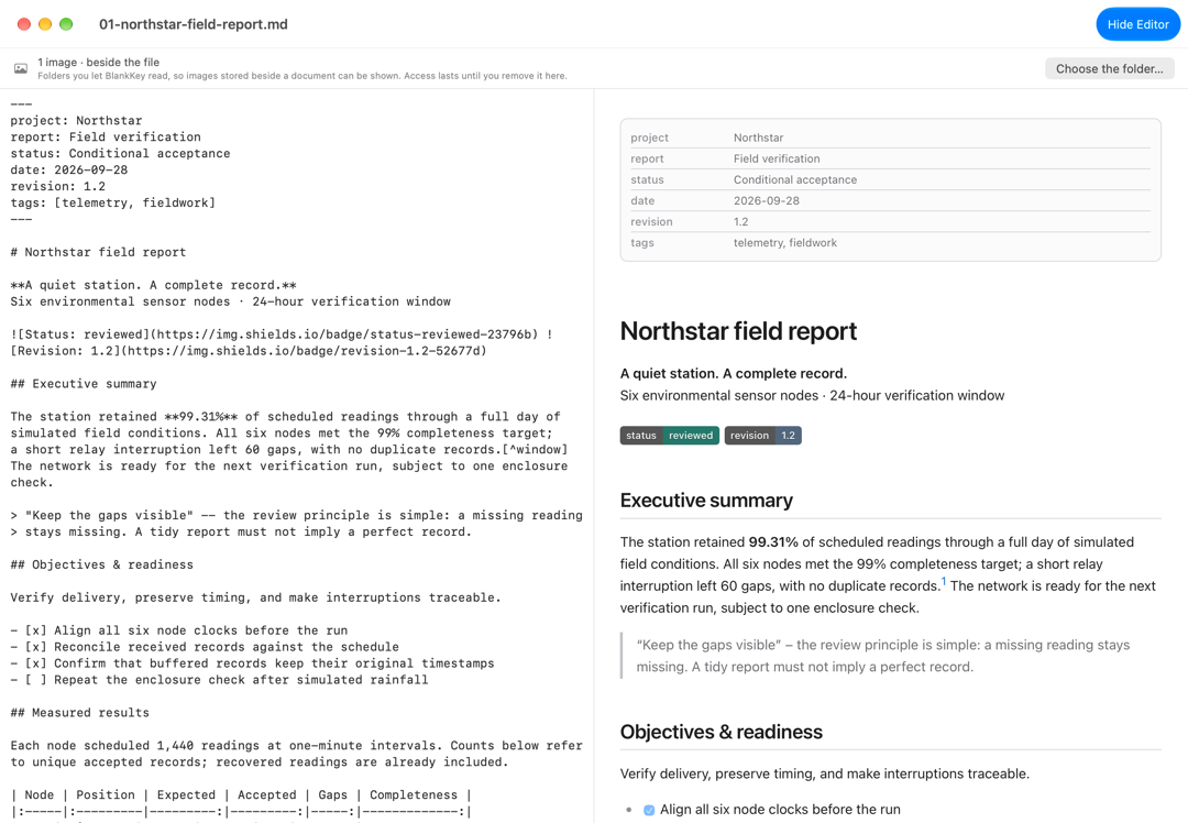 The BlankKey window with the Markdown source on the left and the rendered document on the right.